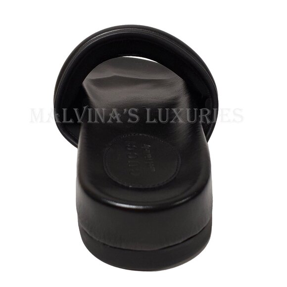 GUCCI SHOES MENS BLACK LEATHER JUMBO LOGO SLIDES FLATS SANDAL sz 8 / 8.5 US - Picture 9 of 15